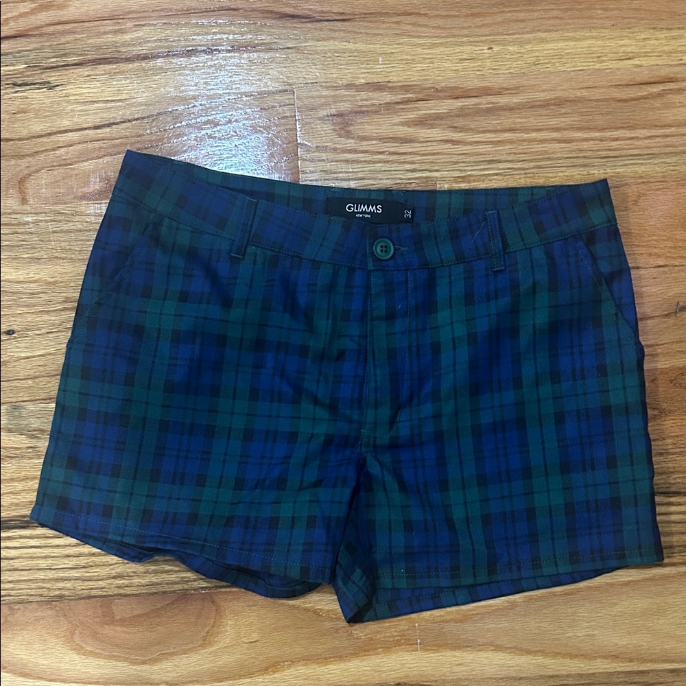 GLIMMS Men's Plaid Flat Front Shorts - Blue and Green